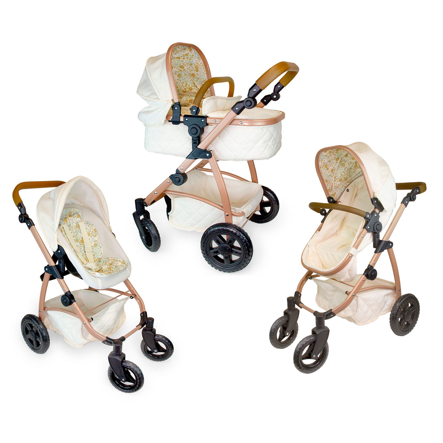 Three views of a convertible baby stroller and bassinet system on a white background, featuring a rose gold metal frame, cream fabric, and a floral patterned insert.