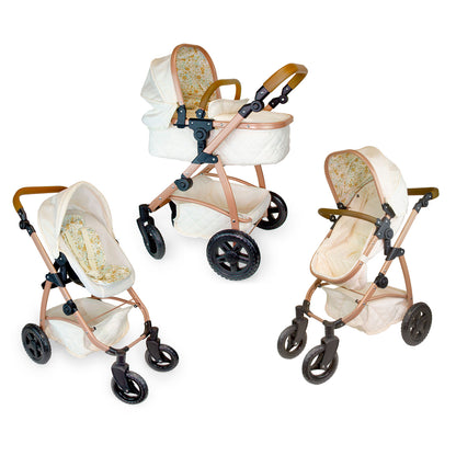 Three views of a convertible baby stroller and bassinet system on a white background, featuring a rose gold metal frame, cream fabric, and a floral patterned insert.