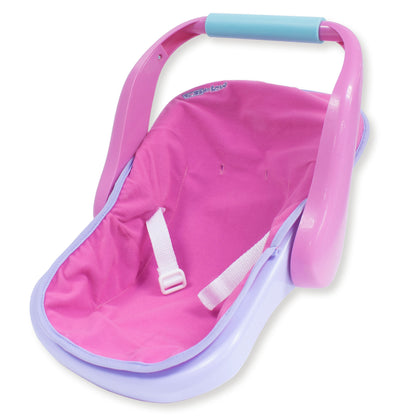 Pink and purple baby seat with a handle on a white background