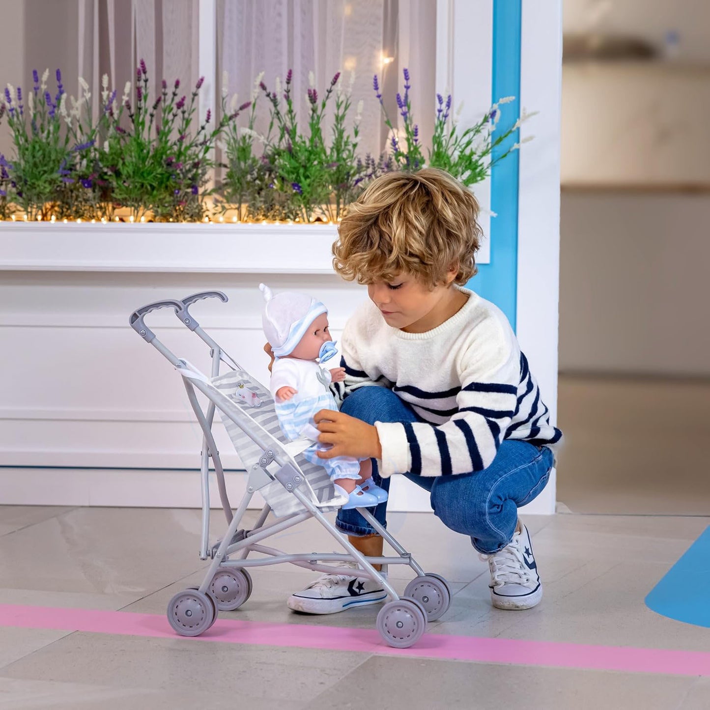 JC Toys Berenguer Boutique Single Umbrella Baby Doll Stroller Elephant Theme Grey Ages 2 +