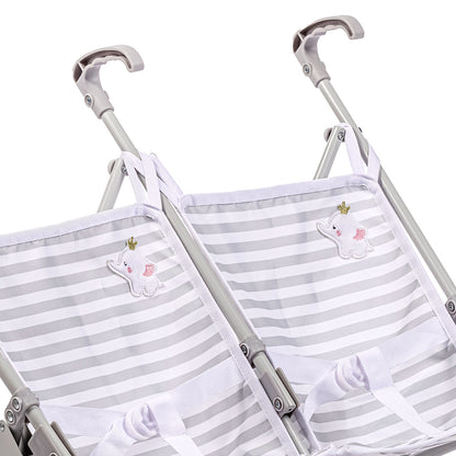 JC Toys Berenguer Boutique Twin Umbrella Baby Doll Stroller Elephant Theme Grey Ages 2 +