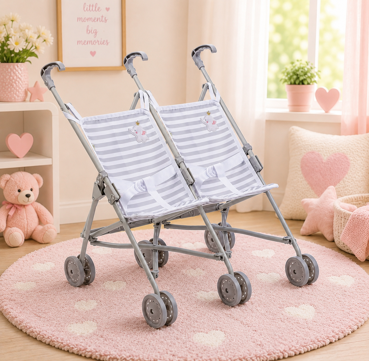 Double stroller with striped covers in a child's room with toys and decor.