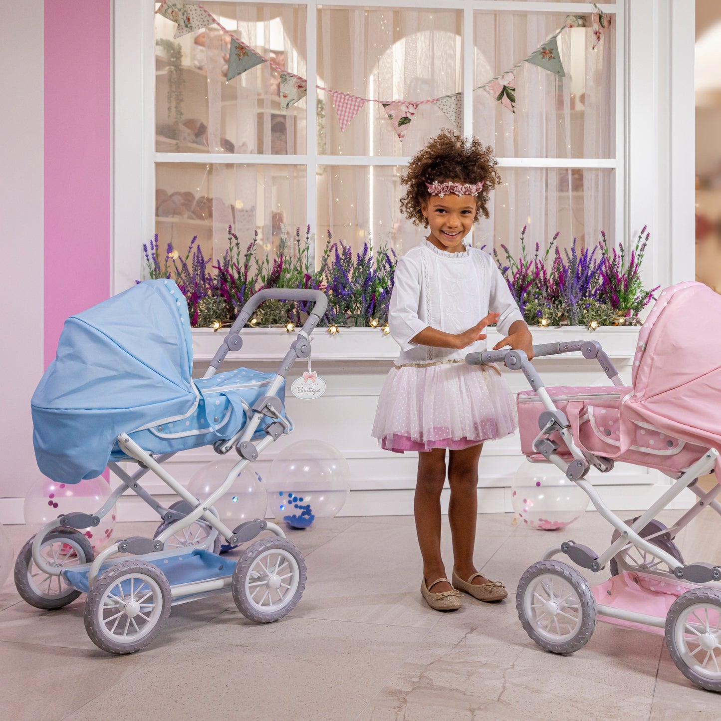 JC Toys Berenguer Boutique Deluxe Foldable Baby Doll Stroller with Canopy Removable Carry Basket Blue Ages 3+