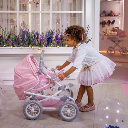 JC Toys Berenguer Boutique Deluxe Foldable Baby Doll Stroller with Canopy Removable Carry Basket Pink Ages 3+