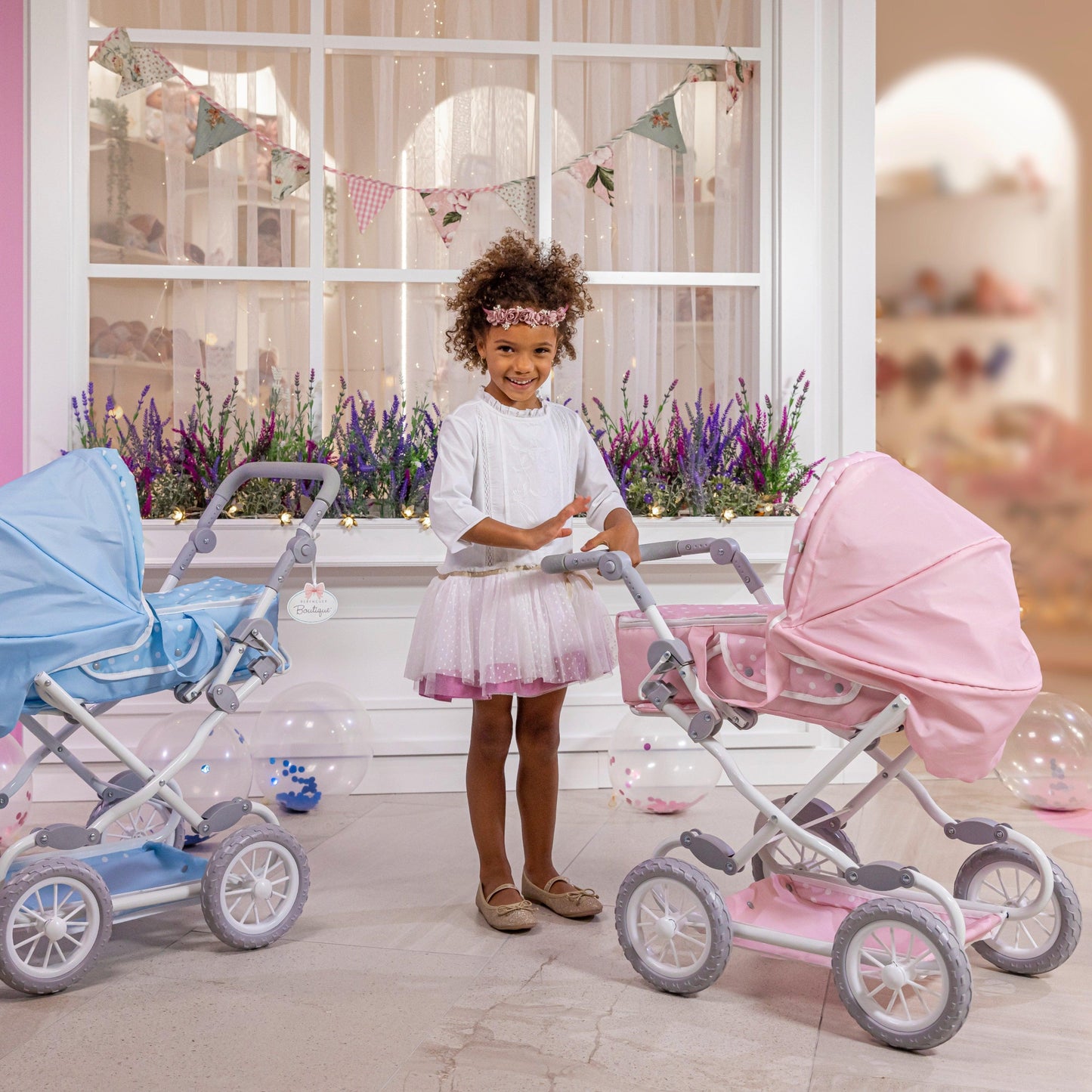 JC Toys Berenguer Boutique Deluxe Foldable Baby Doll Stroller with Canopy Removable Carry Basket Pink Ages 3+
