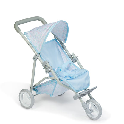 A deluxe folding jogger stroller designed for dolls, with a floral print in shades of blue and gray, featuring a lightweight frame and wheels for easy movement.