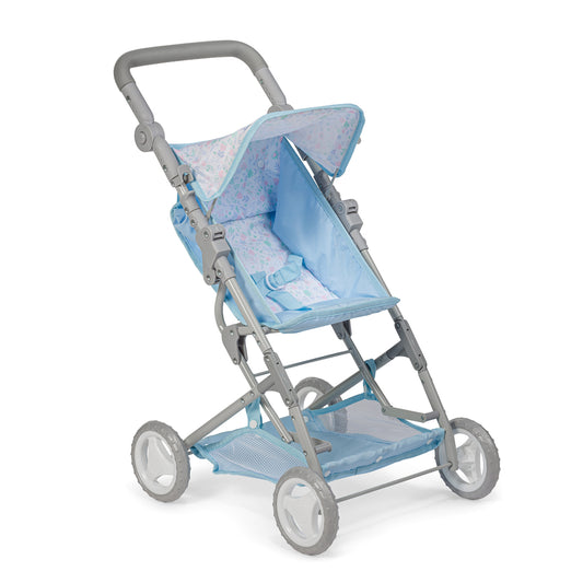 JC Toys - Berenguer Boutique Stroller | Easy Folding Stroller with Canopy and Storage | for Dolls up to 18" | Ages 3+ | Blue Floral