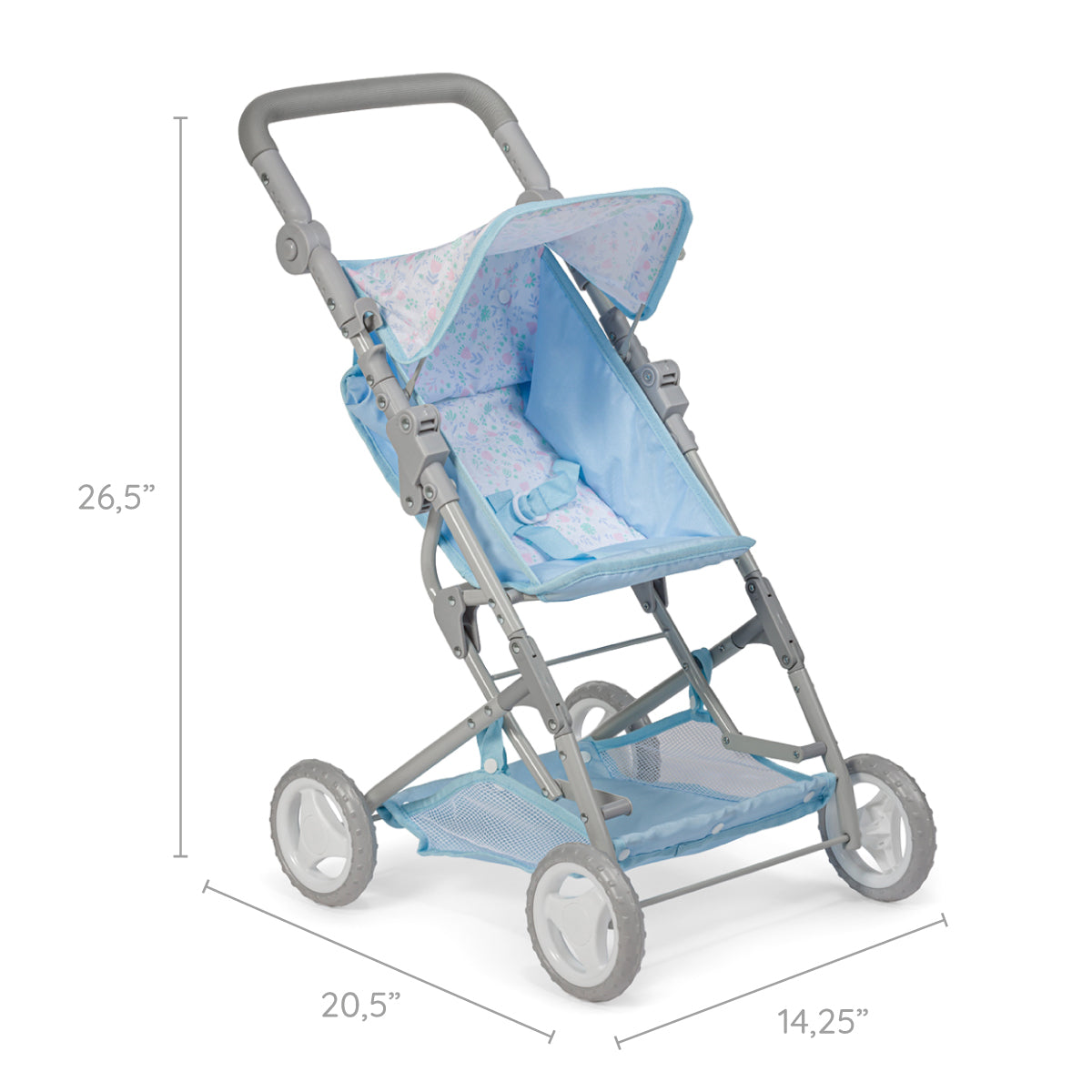JC Toys - Berenguer Boutique Stroller | Easy Folding Stroller with Canopy and Storage | for Dolls up to 18" | Ages 3+ | Blue Floral