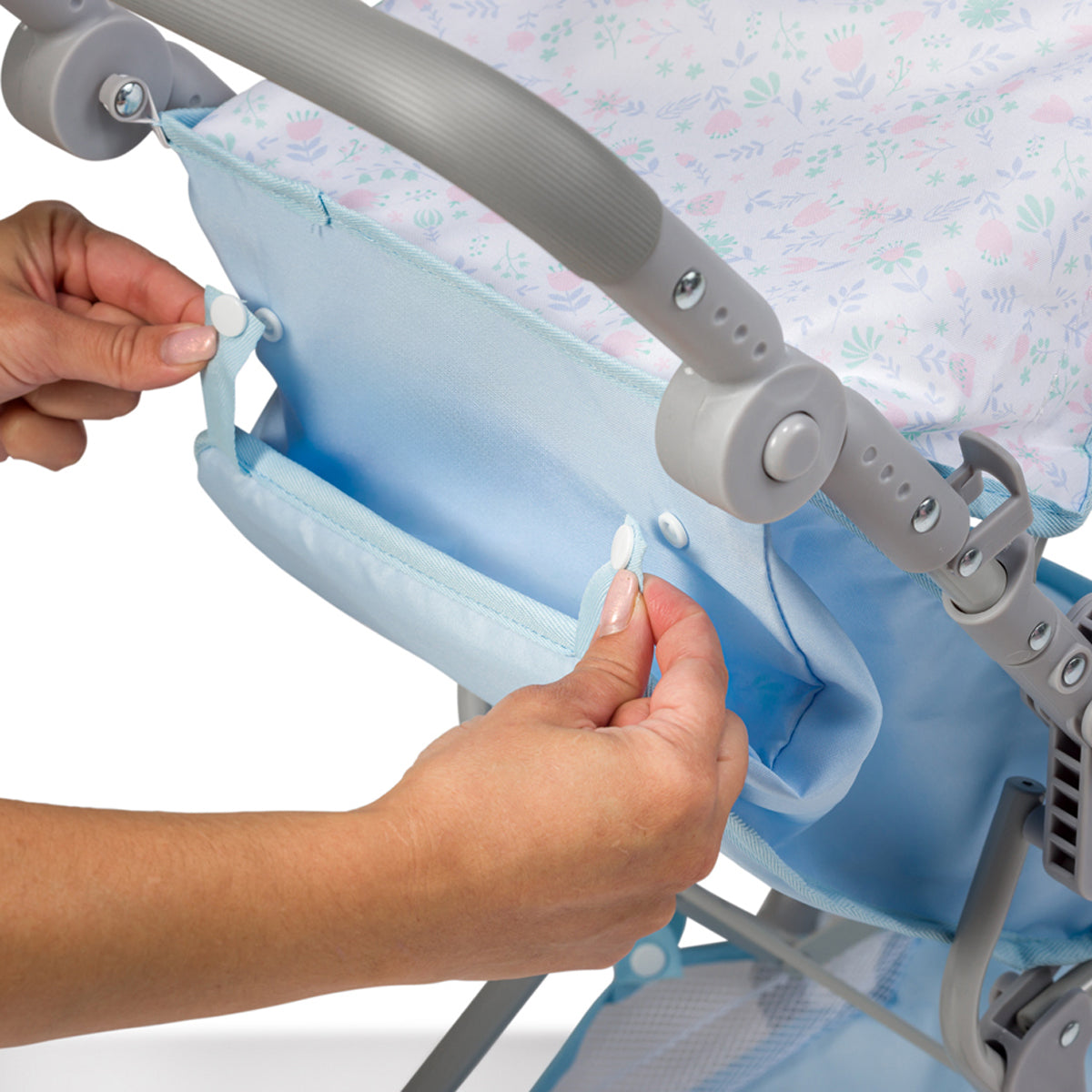 JC Toys - Berenguer Boutique Stroller | Easy Folding Stroller with Canopy and Storage | for Dolls up to 18" | Ages 3+ | Blue Floral