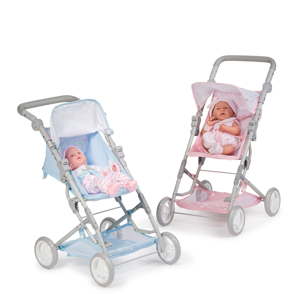 JC Toys - Berenguer Boutique Stroller | Easy Folding Stroller with Canopy and Storage | for Dolls up to 18" | Ages 3+ | Blue Floral