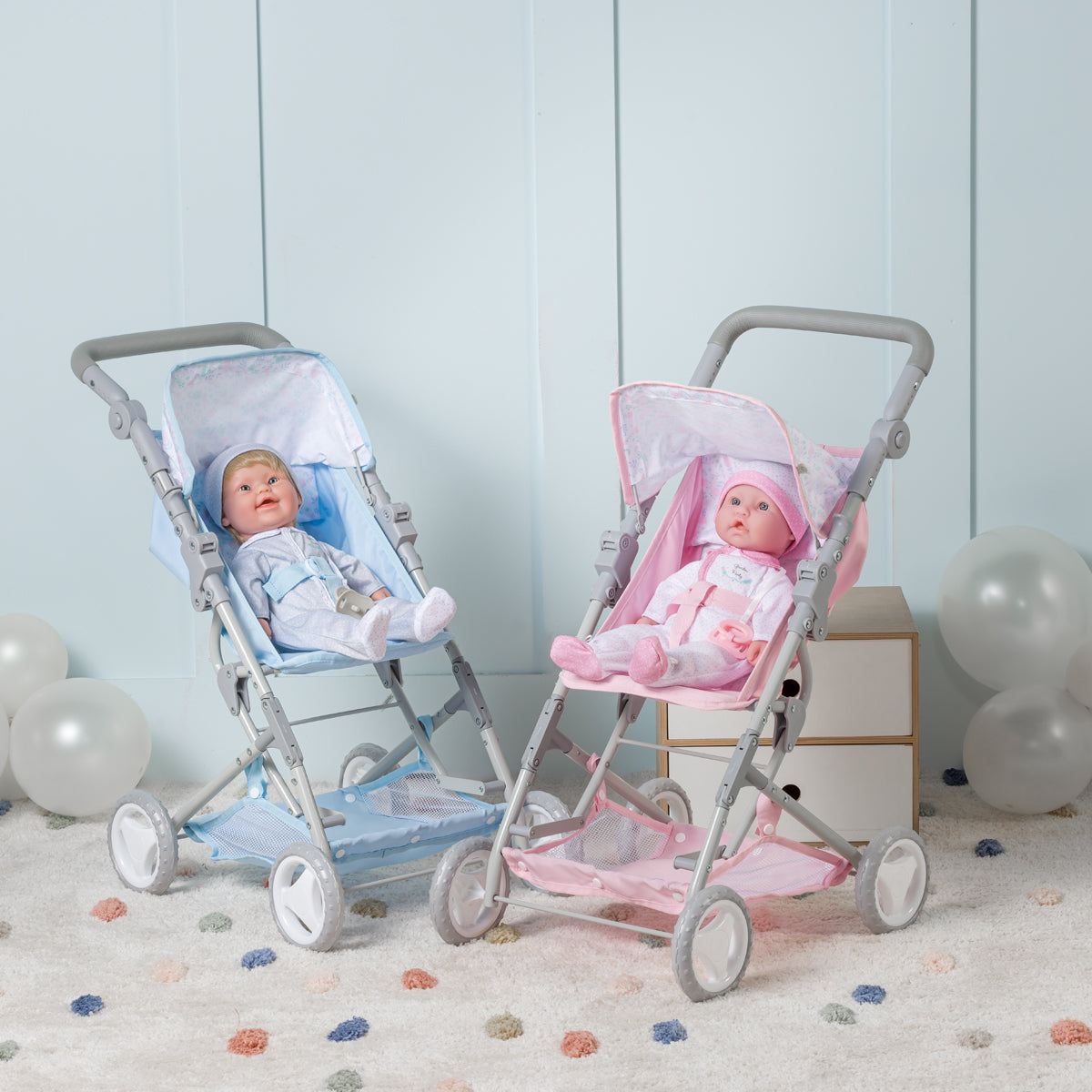 JC Toys - Berenguer Boutique Stroller | Easy Folding Stroller with Canopy and Storage | for Dolls up to 18" | Ages 3+ | Blue Floral