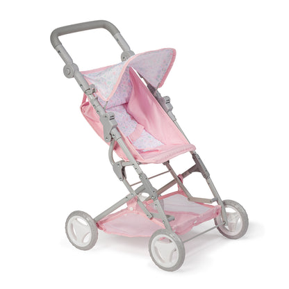 Pink and gray baby stroller in a child's room with toys and decor.