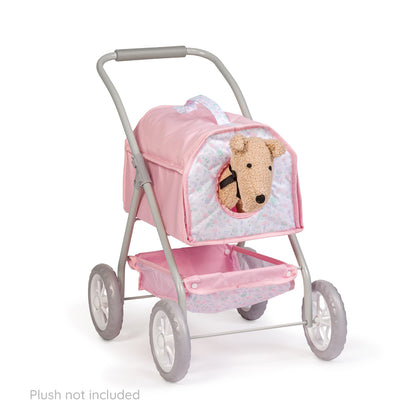 Pink pet stroller with a cushioned top in a child's room with toys and decor.
