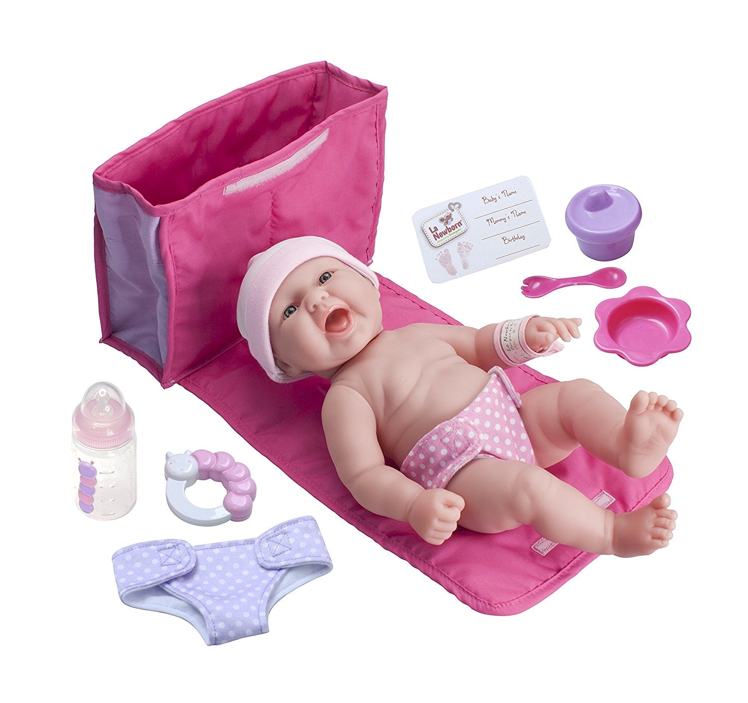 JC Toys, La Newborn 10 Piece Deluxe Diaper Bag Gift Set 13" Realistic Smiling Baby Newborn Doll