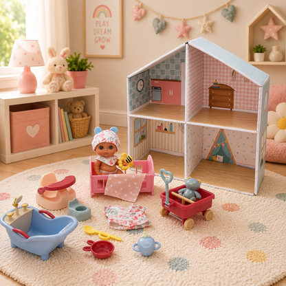 Lil’ Cutesies® 5.5” All Vinyl Baby Doll Playhouse Set – 16 Piece Dollhouse with Furniture & Accessories