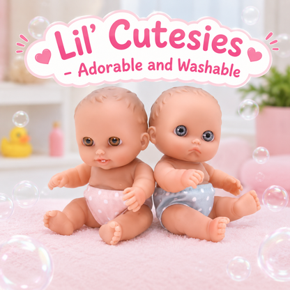Two 8.5" Lil' Cutesies baby dolls with brown and blue eyes, wearing pink and blue polka dot diapers, on a pink towel with bubbles.