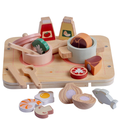 A wooden kitchen playset with various pretend food items and utensils, designed for dolls and stuffed animals.