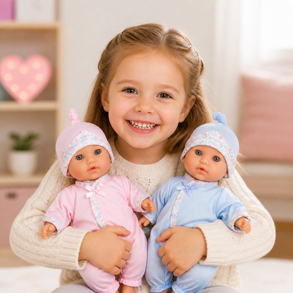 Smiling girl holds 12.5" soft-body twin dolls: a boy in blue and a girl in pink, with matching hats.