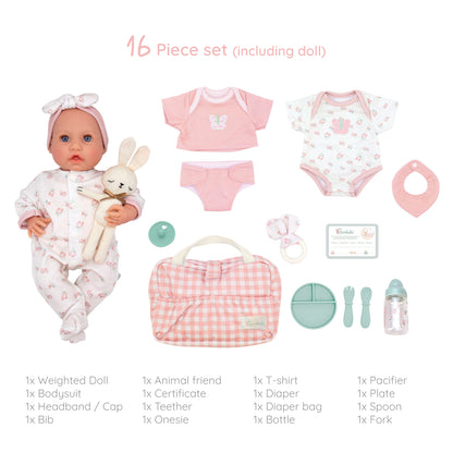 A baby doll 16-piece outfit set displayed on a clean white background, featuring a realistic doll in a pink and white onesie holding a plush bunny, along with matching clothing, accessories, and a pink gingham storage bag. Text at the top reads '16 Piece set (including doll)' and text at the bottom lists all included items.