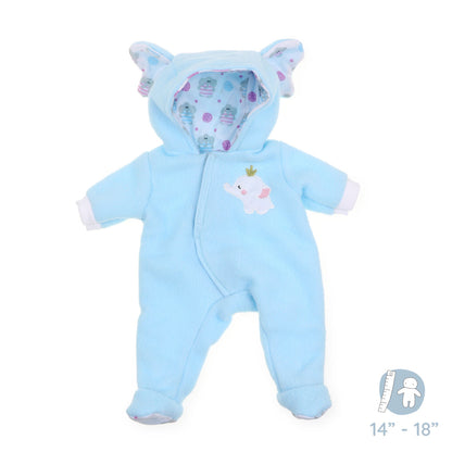 JC Toys Berenguer Boutique Baby Doll Outfit Blue Elephant Themed Hooded Onesie Fits dolls 14"- 18"