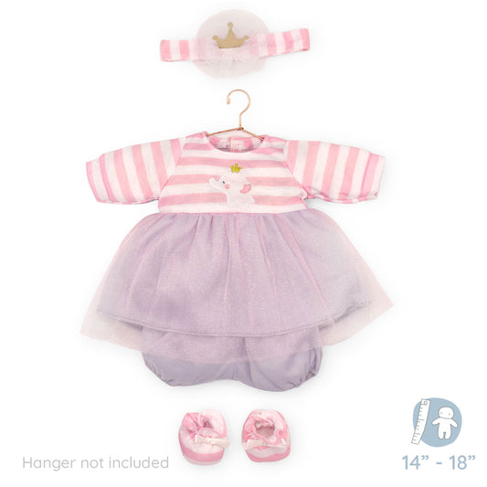 JC Toys Berenguer Boutique Baby Doll Outfit Pink Striped Dress with Tulle Skirt, Shorts, Headband, and Booties