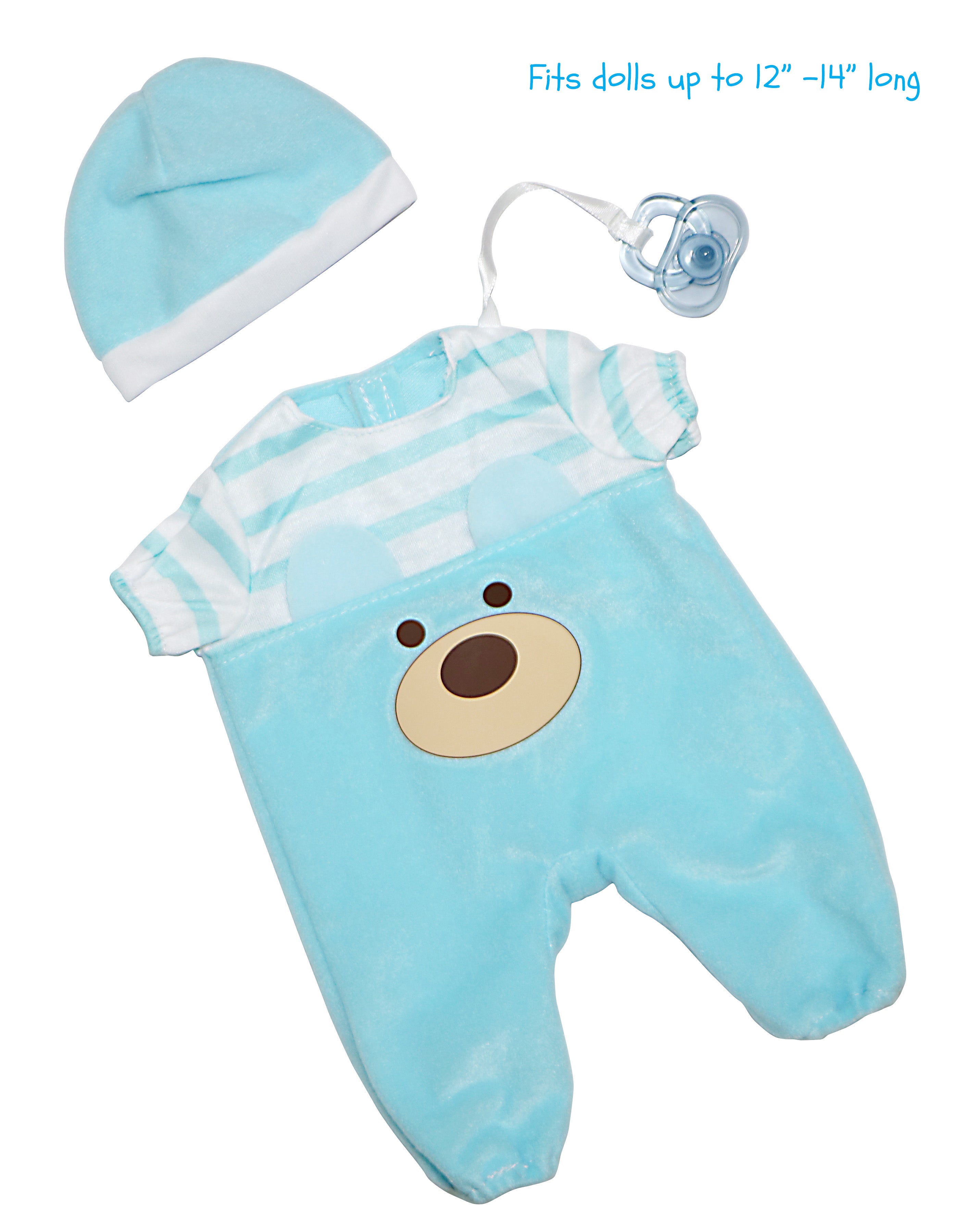 JC Toys |Blue Bear Onesie | Baby Doll Outfit + Hat + Pacifier