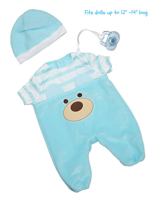 JC Toys |Blue Bear Onesie | Baby Doll Outfit + Hat + Pacifier | | Ages 2+ | Fits Dolls 12"- 14"