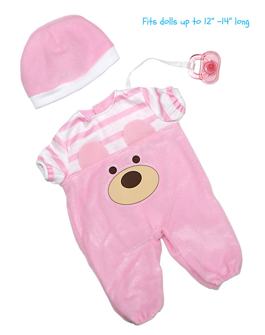 JC Toys |Pink Bear Onesie | Baby Doll Outfit + Hat + Pacifier | | Ages 2+ | Fits Dolls 12"- 14"