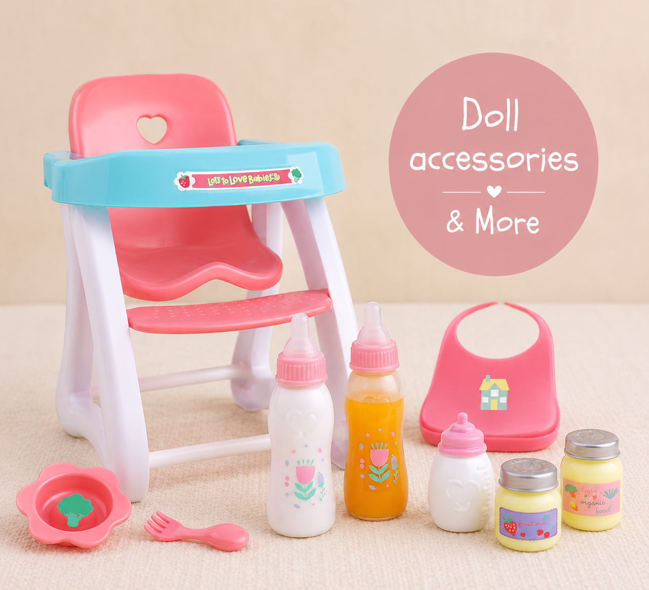 Doll accessories including a high chair, bottles, and a bib on a beige background.