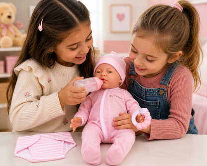 Two young girls playing with a baby doll in a room with teddy bears and a heart decoration.
