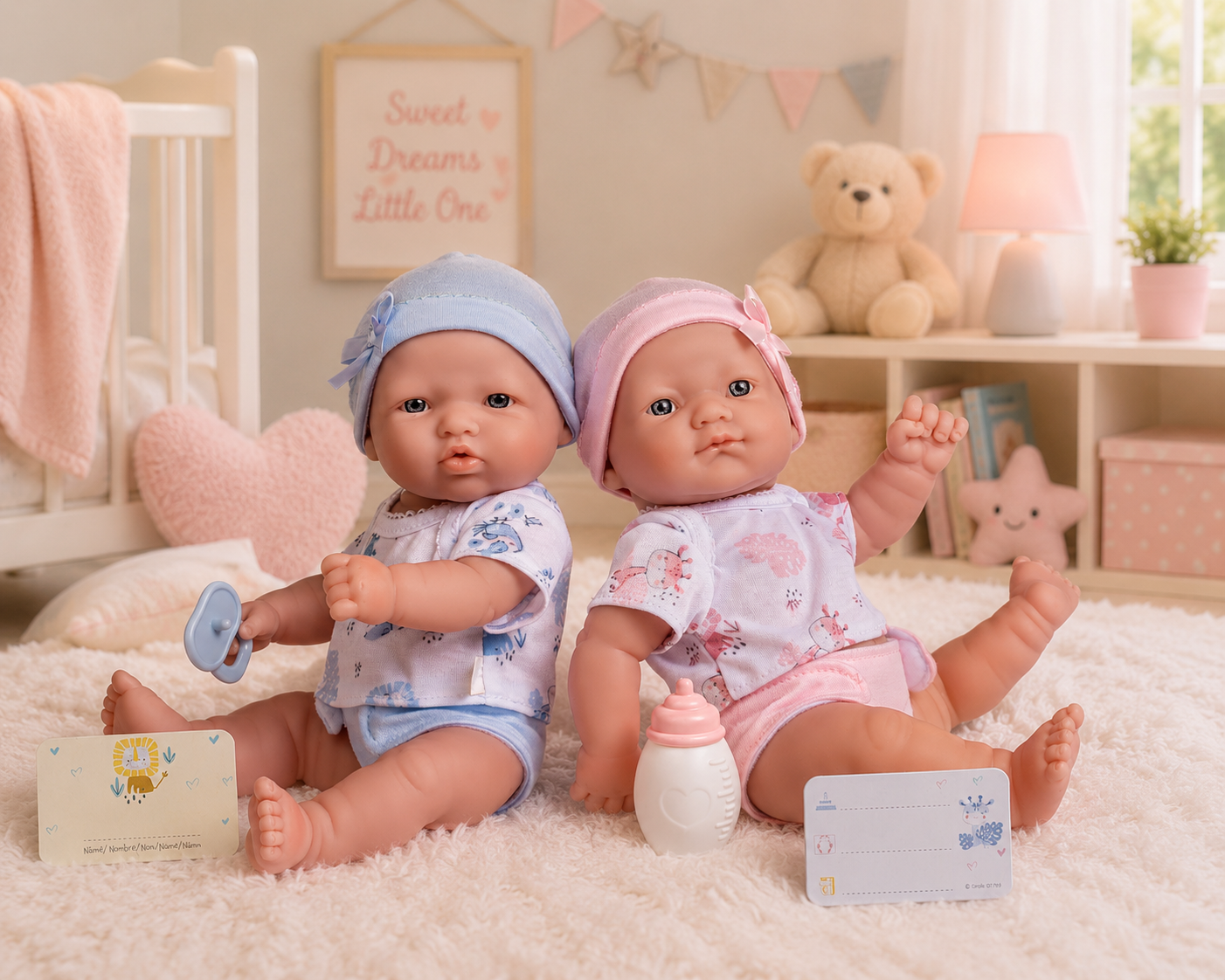 Two baby dolls in a crib with toys and a 'Sweet Dreams Little One' sign.
