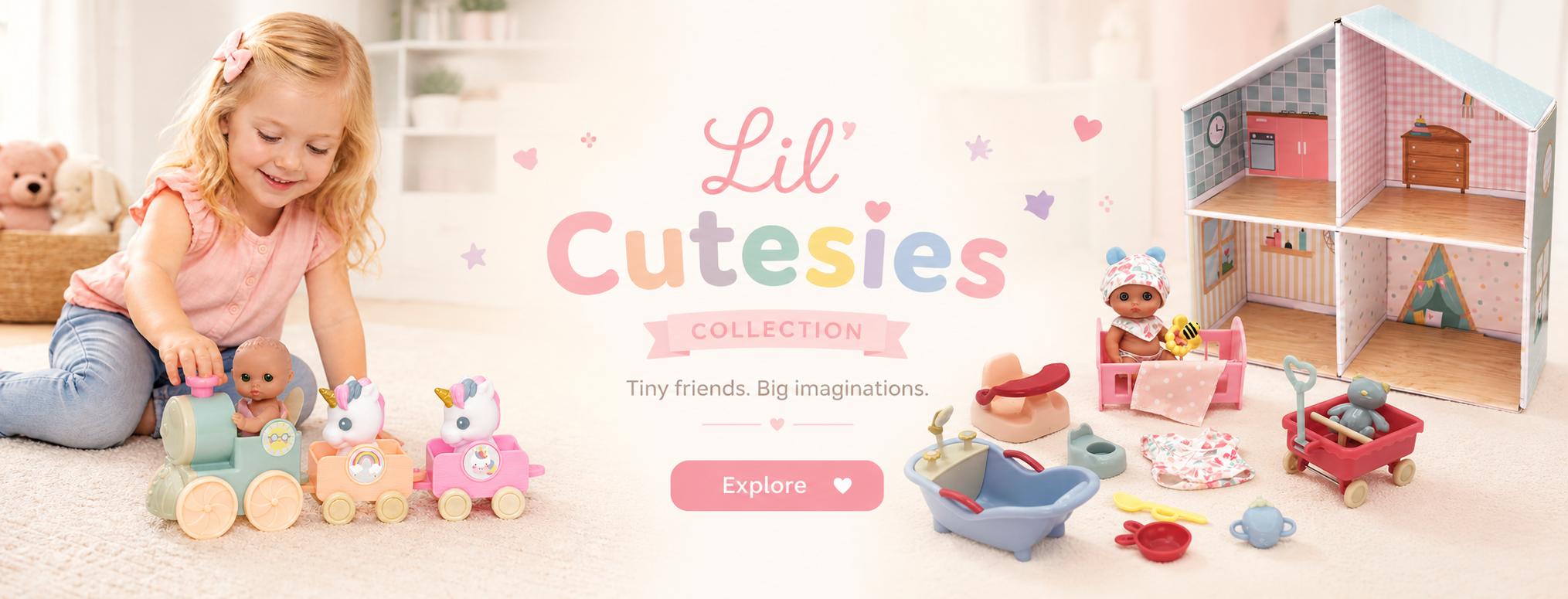 Child playing with toys in a room with a dollhouse, featuring 'Lil Cutesies' toy collection branding.
