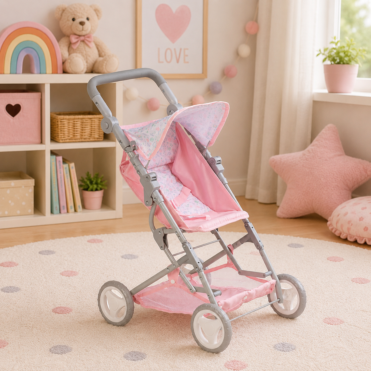 Pink and gray baby stroller in a child's room with toys and decor.