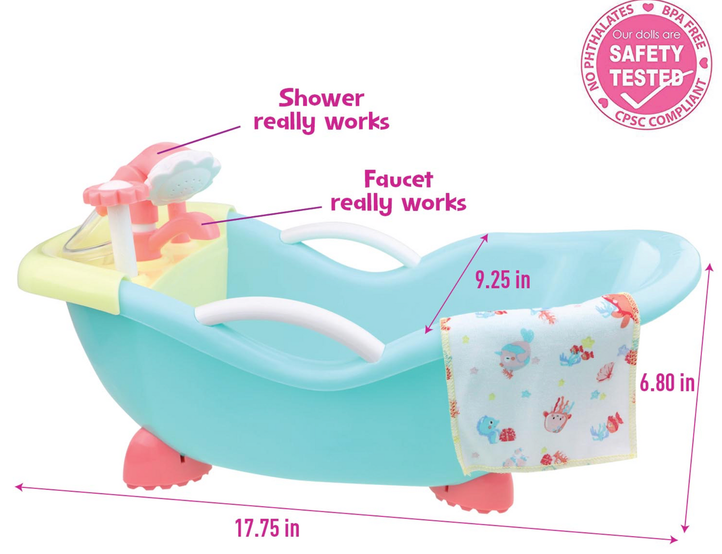 JC Toys, Lots to Love Babies 14" All-Vinyl Doll Bathtub Gift Set with Rubber Ducky