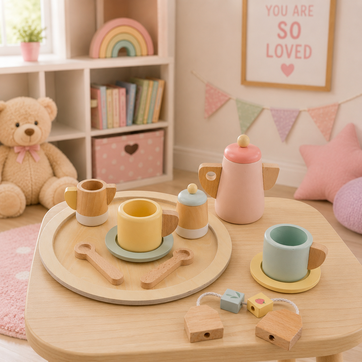 Children's tea set on a wooden table with toys and decor in a room.