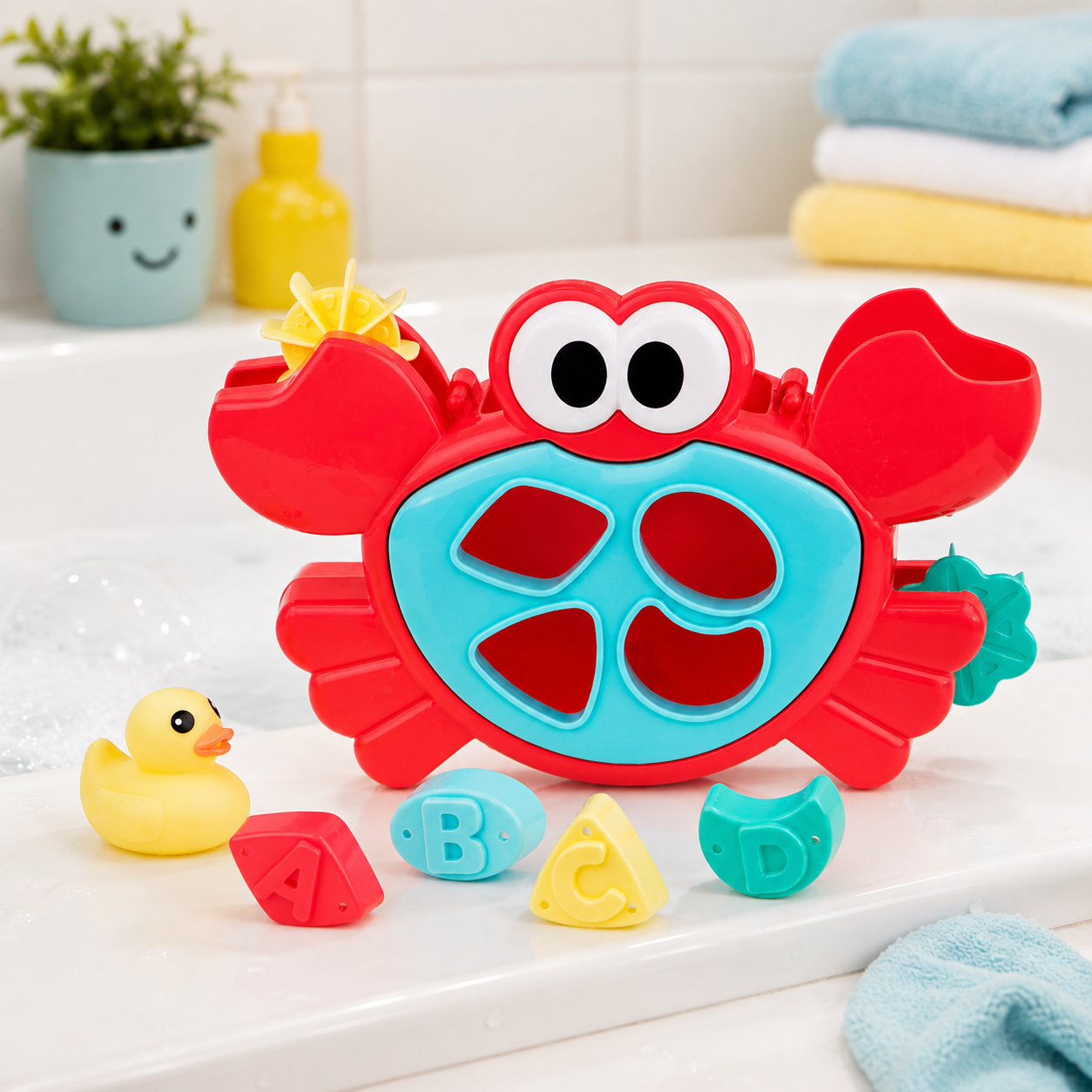 Red crab-shaped bath toy with colorful letters and a yellow rubber duck on a bathroom counter.