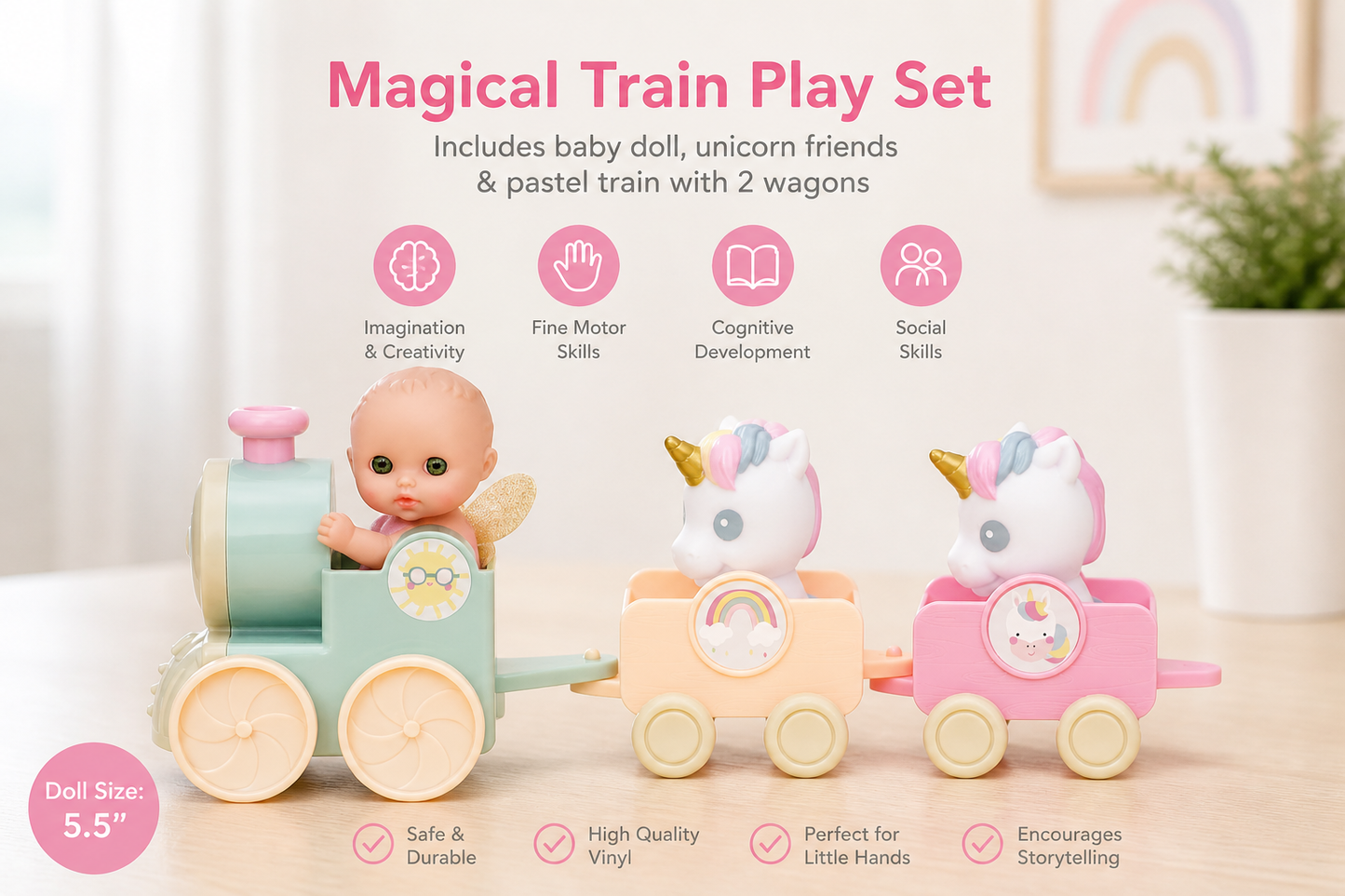 Lil’ Cutesies® Fairy Baby Doll & Unicorn Train Playset – 5.5” All Vinyl