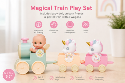 Lil’ Cutesies® Fairy Baby Doll & Unicorn Train Playset – 5.5” All Vinyl