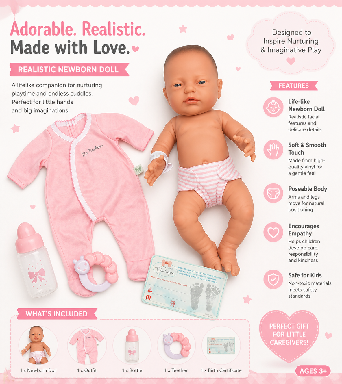 Realistic newborn doll with pink outfit and accessories on a white background