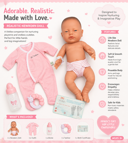 Realistic newborn doll with pink outfit and accessories on a white background