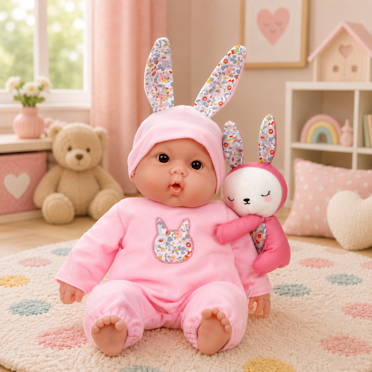 Lots to Cuddle Babies 15 inch soft body doll with a removable bunny plush attached to its clothing