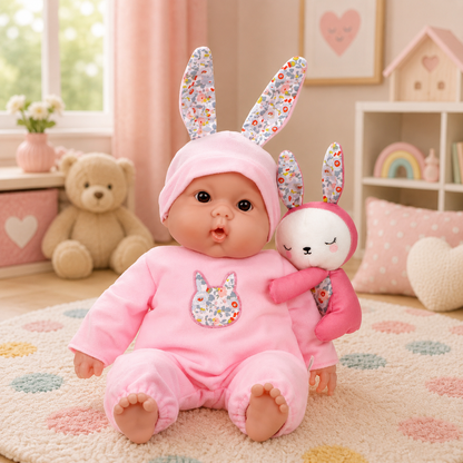 JC Toys Lots to Cuddle Babies 15” Soft Body Doll with Bunny Friend – Includes Plush with Velcro Attachment, Pink Outfit