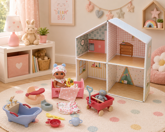 Pastel Lil' Cutesies 5.5" all vinyl baby doll playhouse set with doll, furniture, and accessories.