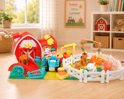 Colorful toy farm set with animals and barn in a room setting.