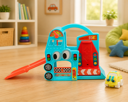 Toy garage set with a car and a small yellow toy car on a wooden floor.