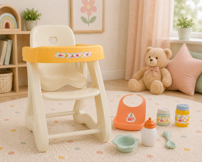 Children's high chair with accessories on a carpeted floor in a room with toys and decor.
