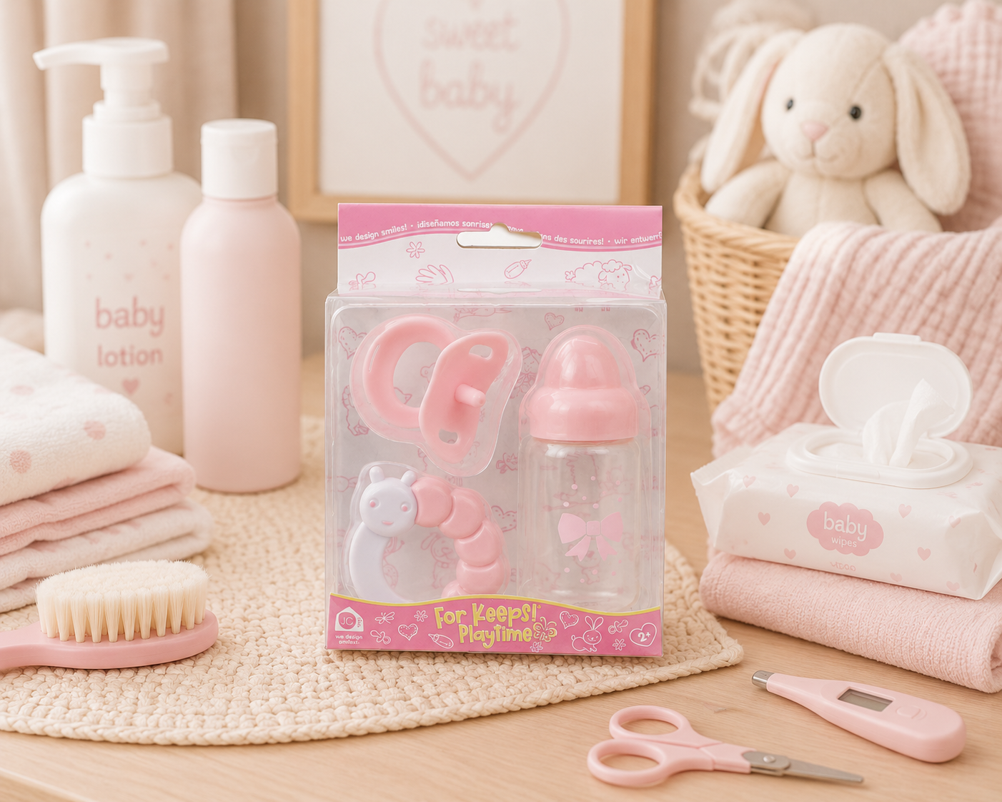 Baby care products including bottles, wipes, and a toy set on a wooden surface with a soft pink background.