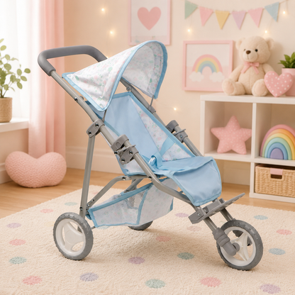 Blue and gray stroller in a child's room with toys and decorations.