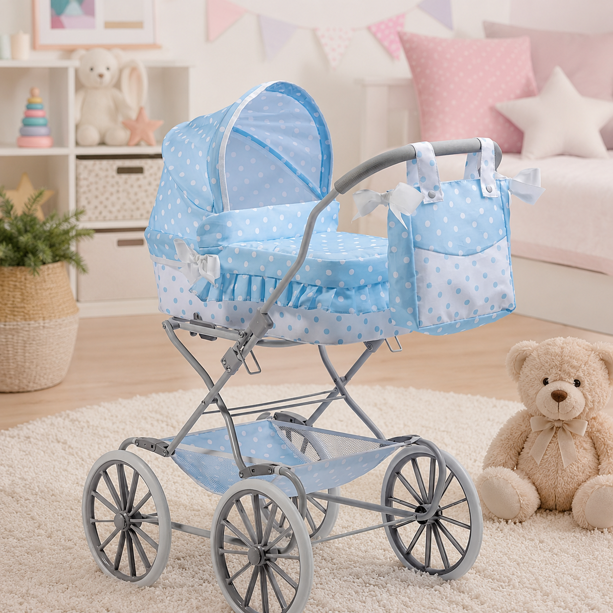 blue polka do pram classic