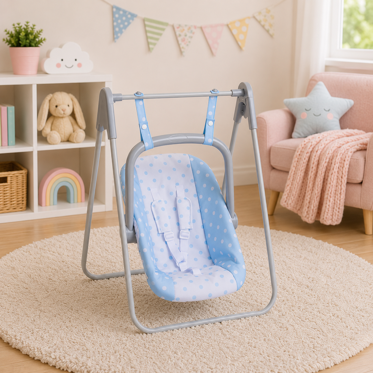 blue polka dot swing and carrier 2 in 1